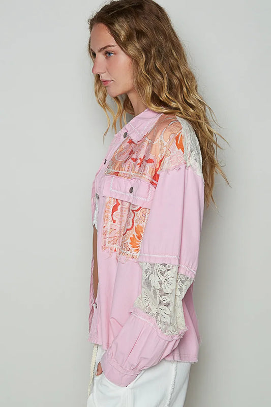 POL Printed Woven Mix Raw Hem Jacket with Lace Detail - Velora