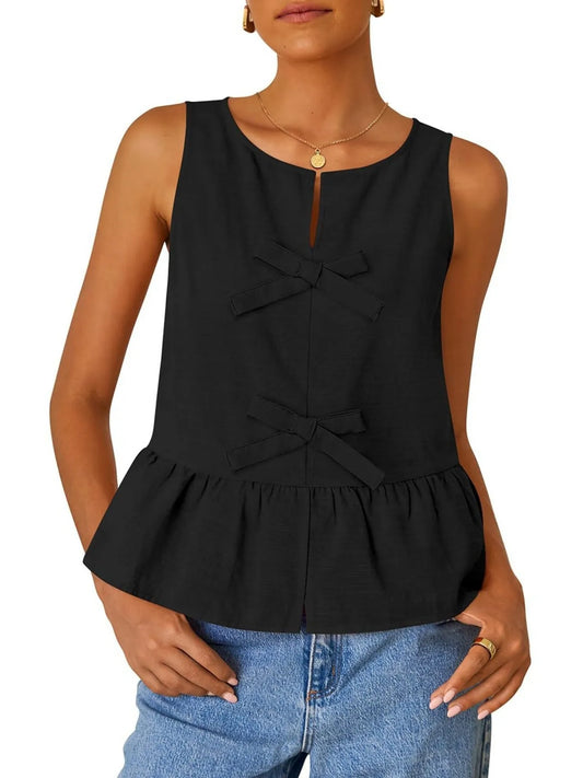 Double Bow Tie Peplum Tank Top - Velora