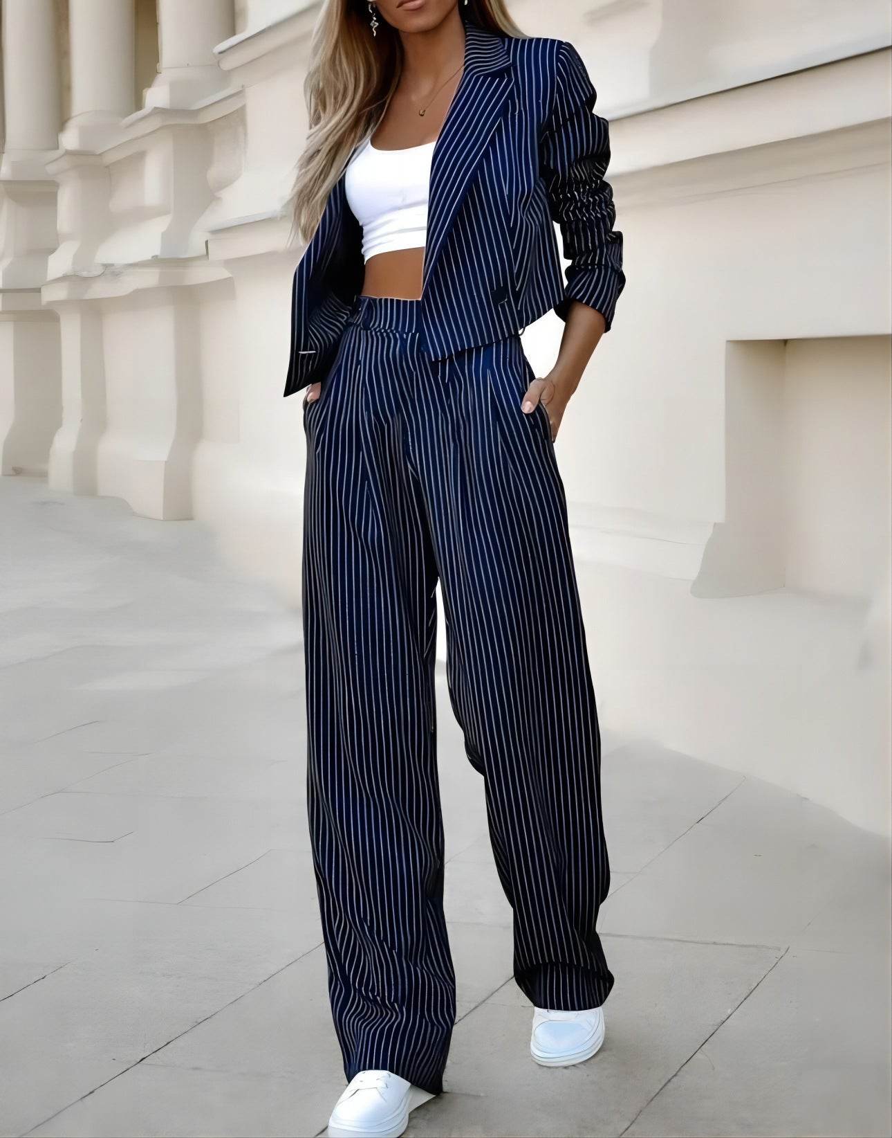 Fashion Striped Suits Casual Lapel Long Sleeve Cropped Top And Straight Pants Outfits Women's Clothing - Velora