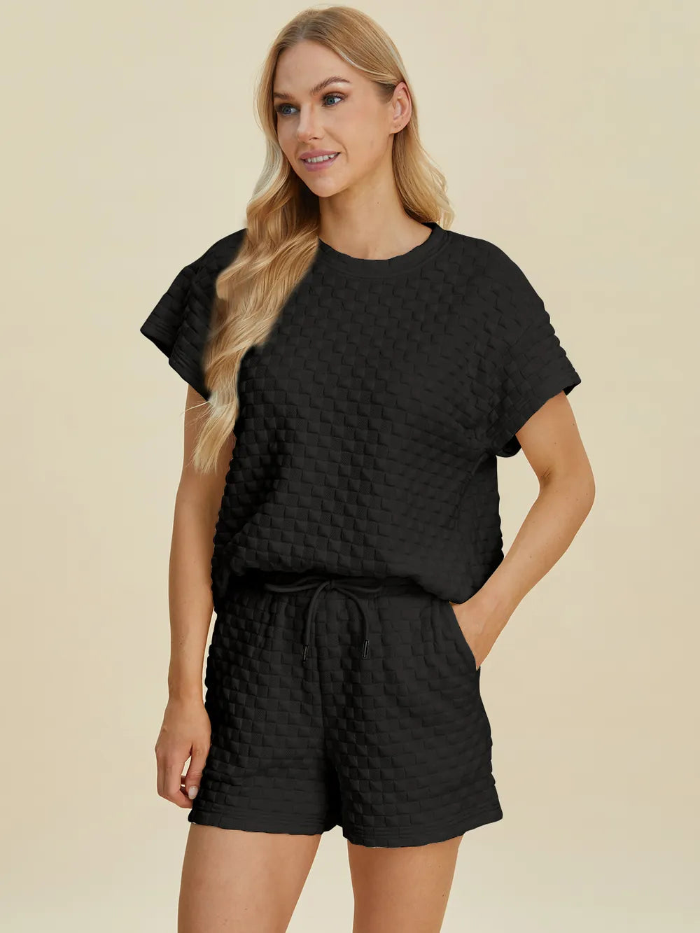 Double Take Full Size Texture T-Shirt and Shorts Set - Velora