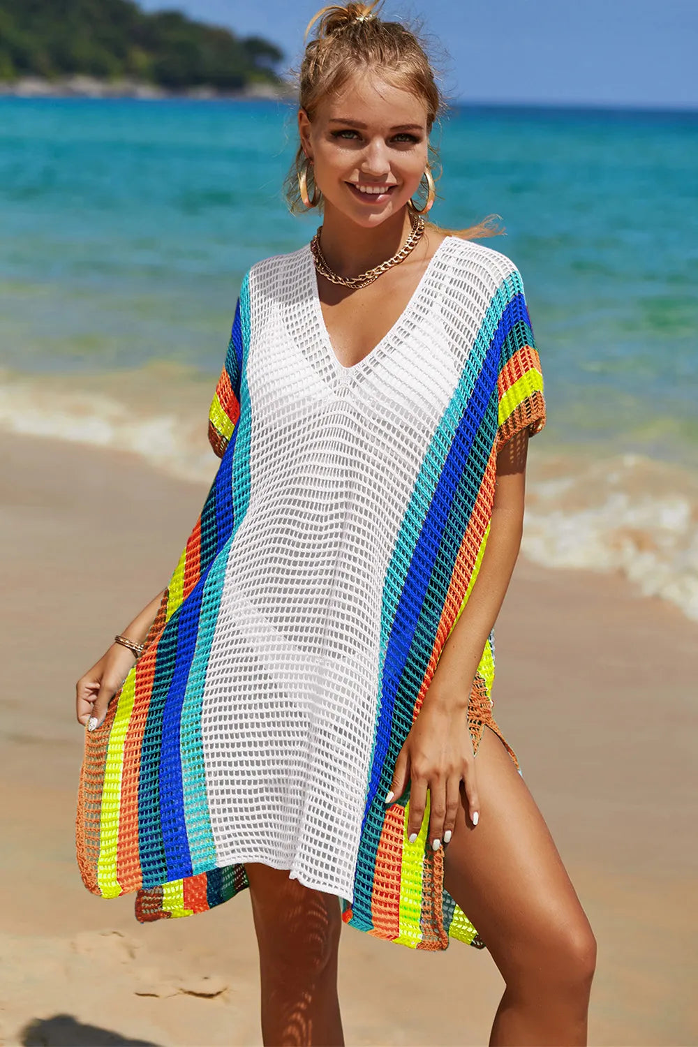 Angel Wings Openwork Striped Slit Knit Cover Up - Velora