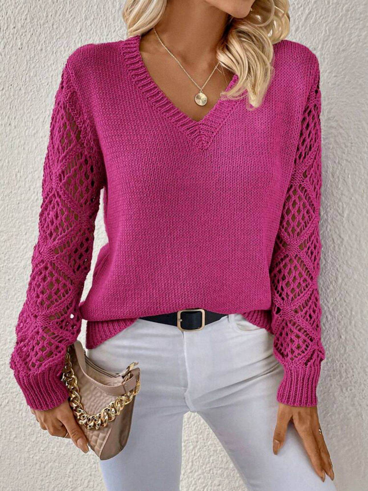 Solid V-neck Pullover Sweater With Hollow Long Sleeve Fashion Tops For Women Clothing - Velora