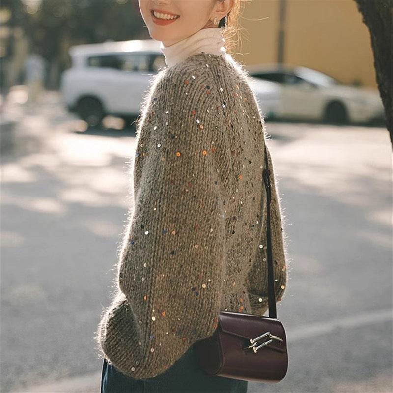 Retro Gray Sequins Sweater Cardigan Coat - Velora