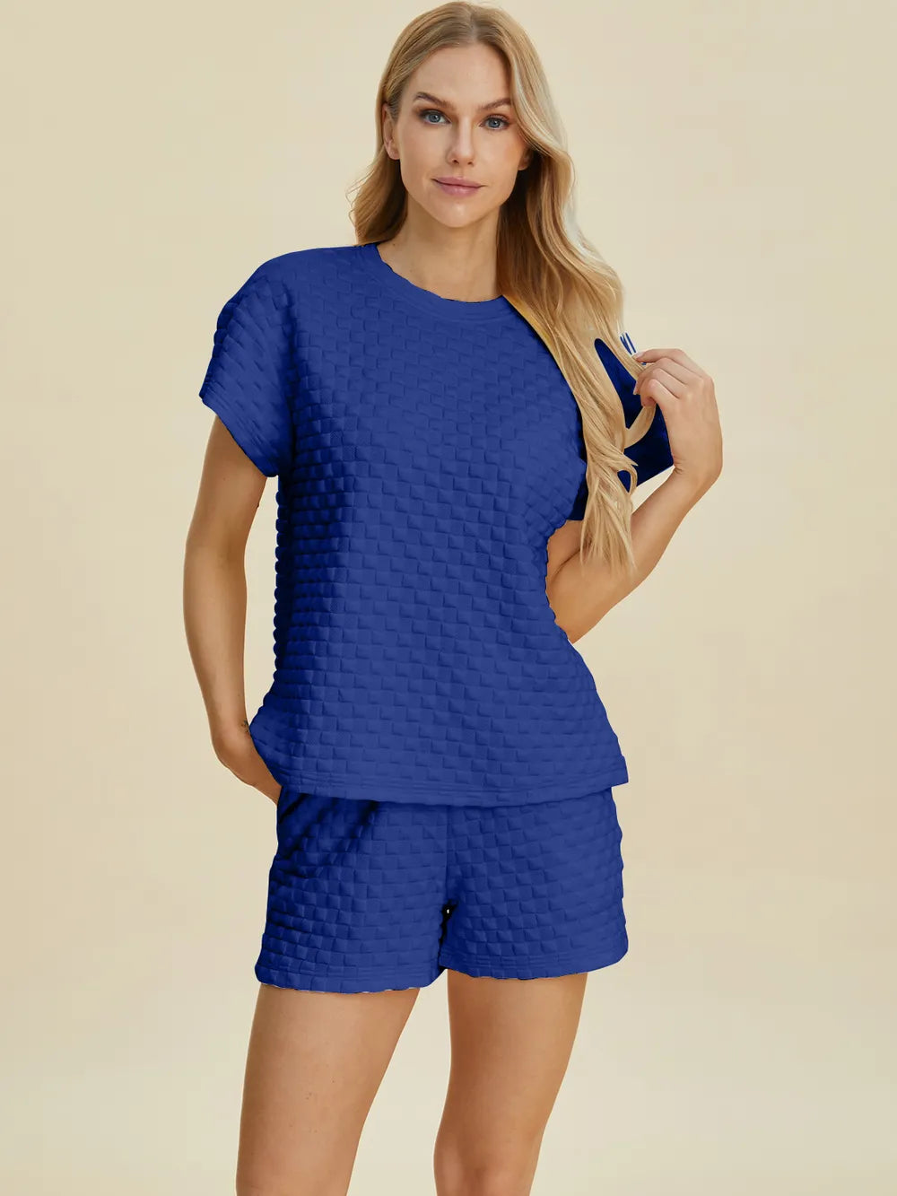 Double Take Full Size Texture T-Shirt and Shorts Set - Velora