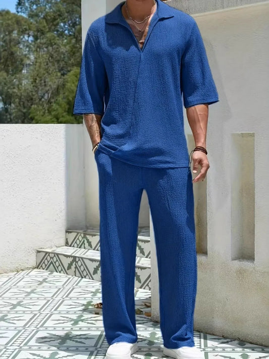 Men's Johnny Collar Half Sleeve Top and Pants Set - Velora