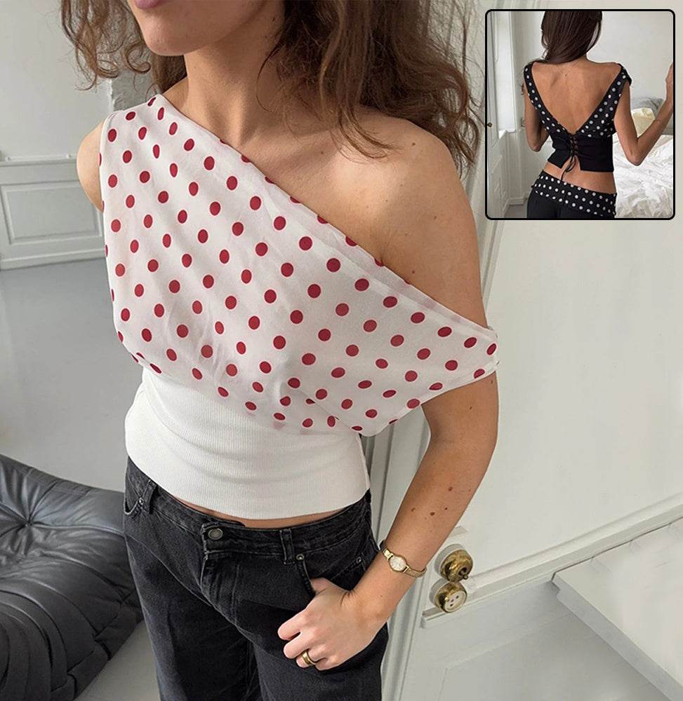 Polka Dots Print Oblique Shoulder Tops Summer Patchwork Chiffon Crop Top Women Sexy Sleeveless Lace Up Backless Blouse Casual Streetwear Tee - Velora