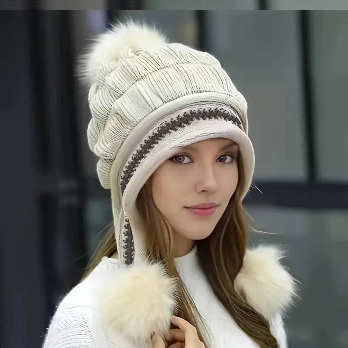 Cozy Knit Fleece-Feel Beanie With Ear Flaps & Pompom Warm Winter Hat For Women Perfect For Skiing & Outdoor Activities - Velora