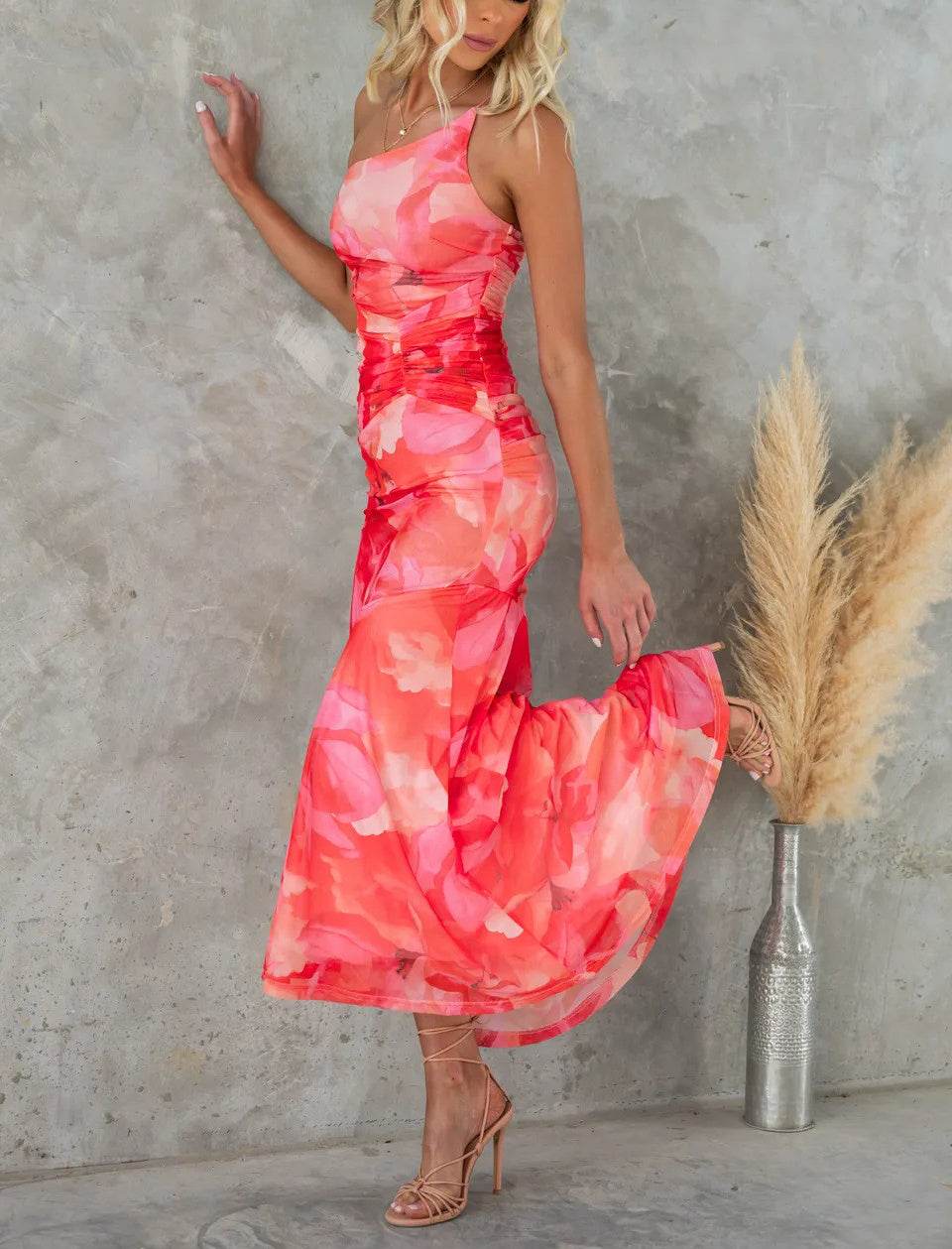 Flowers Print One-shoulder Dress Summer INS Casual Suspender Long Dresses Womens Clothing - Velora