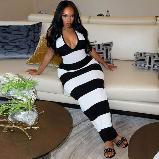 Fashion Black And White Stripes Women's Striped Backless Dress - Velora