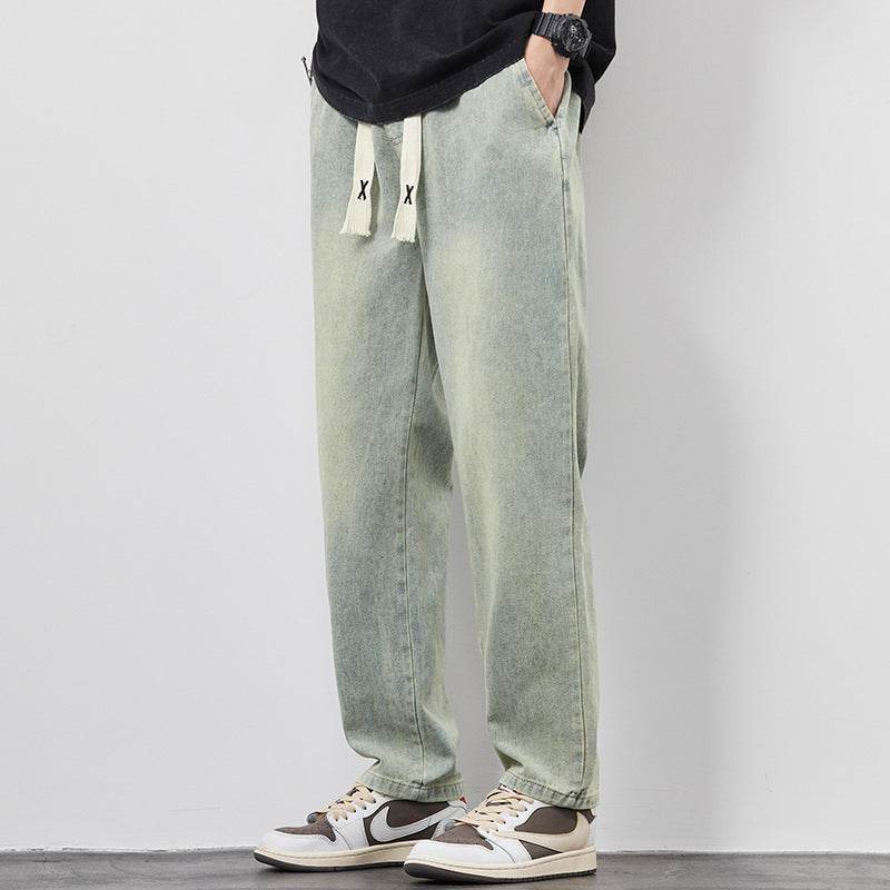 Summer Loose Wide Leg Jeans Pants Men Fashion Drawstring Elasticated Straight Trousers - Velora