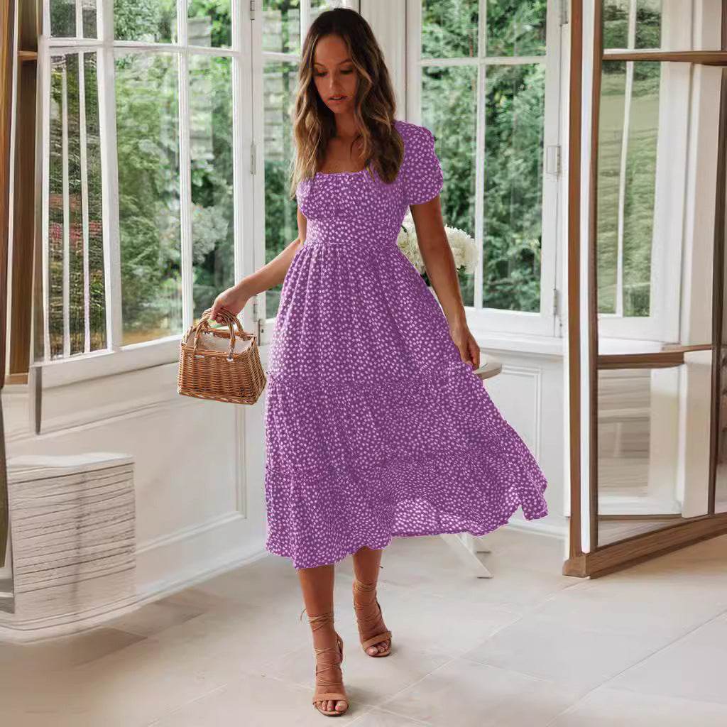 Square Collar Short Sleeve Dress Summer Puff Floral Printed Dress Long Dresses - Velora