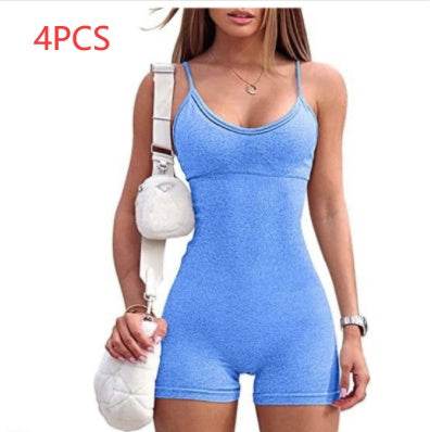 Spaghetti Strap Shorts Jumpsuit Sports Yoga Workout Tight Romper Women Fashion Fitness Sportwear - Velora