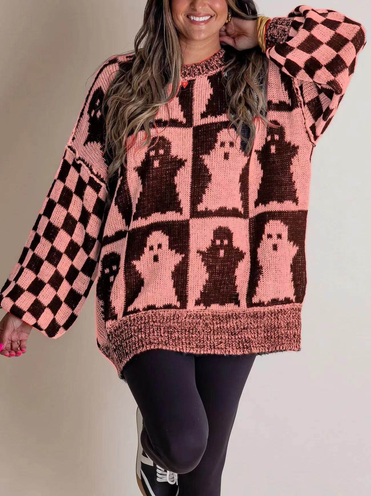Halloween Cartoon Pumpkin Ghost Sweater Winter Loose Pullover Knitted Top Fashion Women's Clothing - Velora