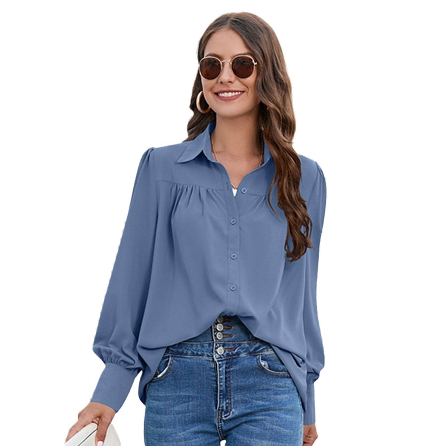 Women's Solid Color Simple Chiffon Pleated Long-sleeved Shirt - Velora