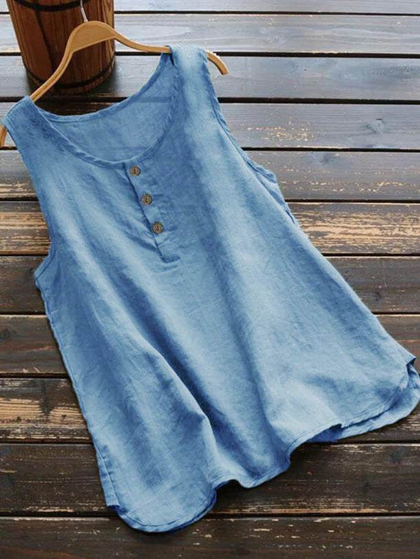 Solid Color Round Neck Loose Casual Vest Cotton Linen summer blouse top for Women - Velora