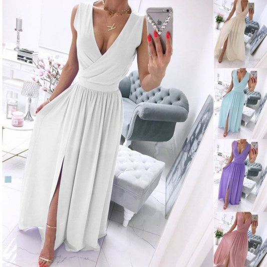 Women's Summer Sleeveless And Ankle Skirt Solid Color V-neck Front Split Long Dress - Velora