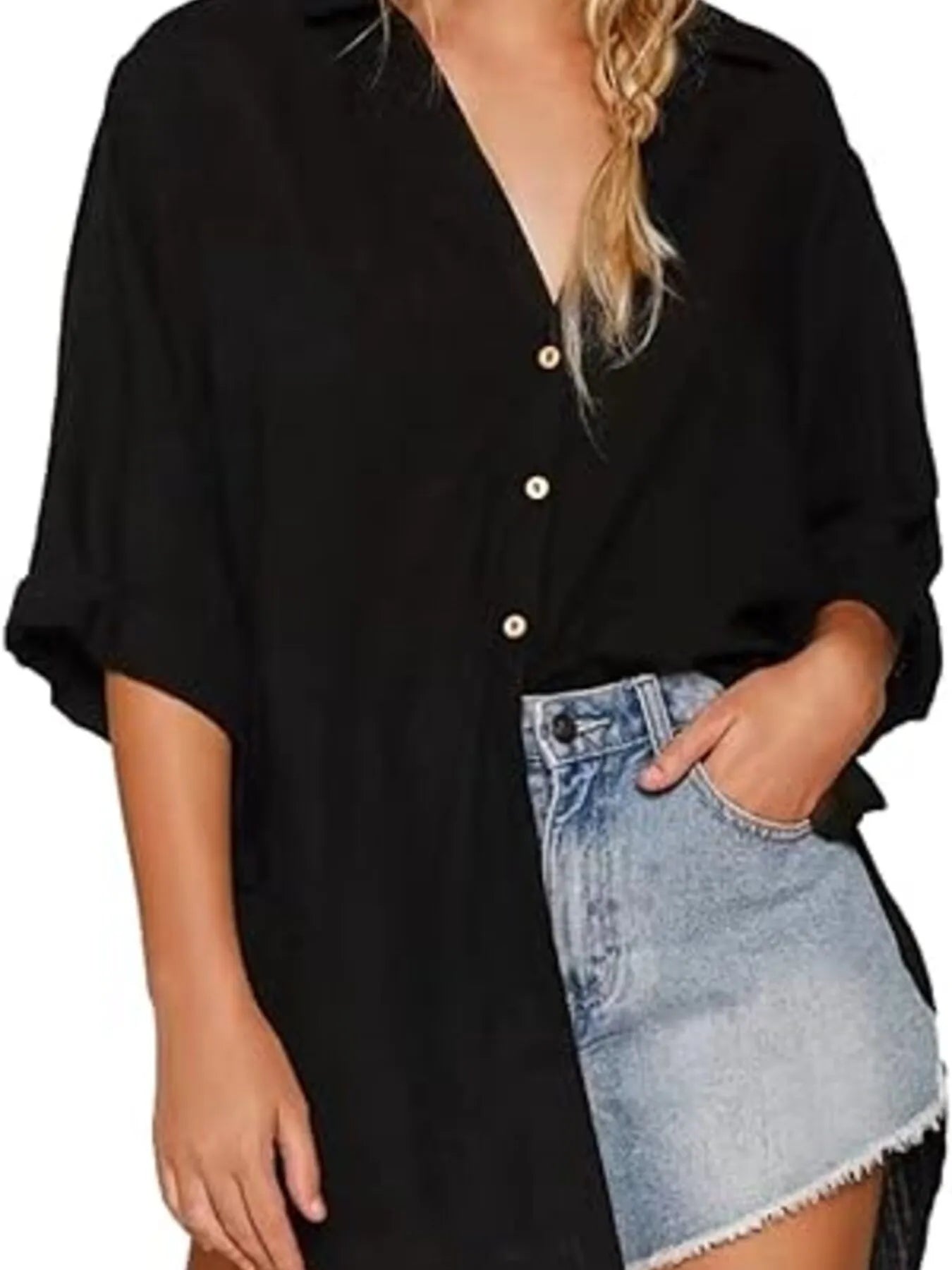 Linen Blend Button-Down Tunic Shirt - Velora