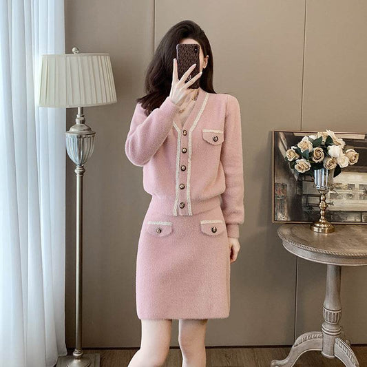 Cardigan Long Sleeve Knitted Two-piece Suit Skirt - Velora