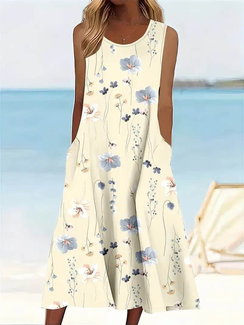 Plus-size Floral Print Pocket Sundress, Casual Sleeveless Round Neck Mid-length Dress - Velora