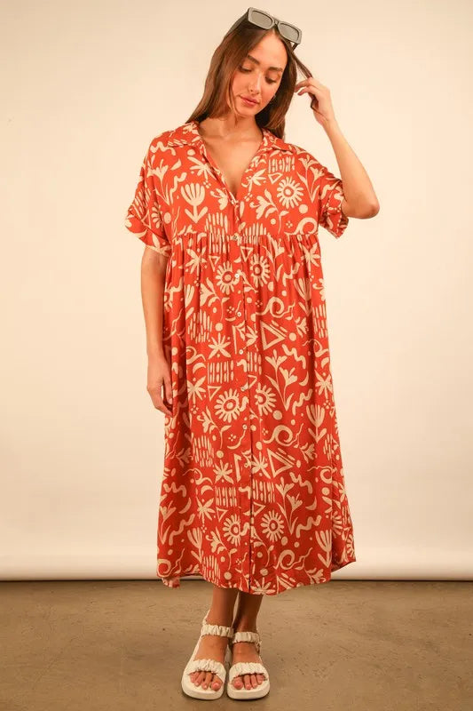 VERY J Full Size Oversized Printed Shirt Midi Dress Plus Size - Velora