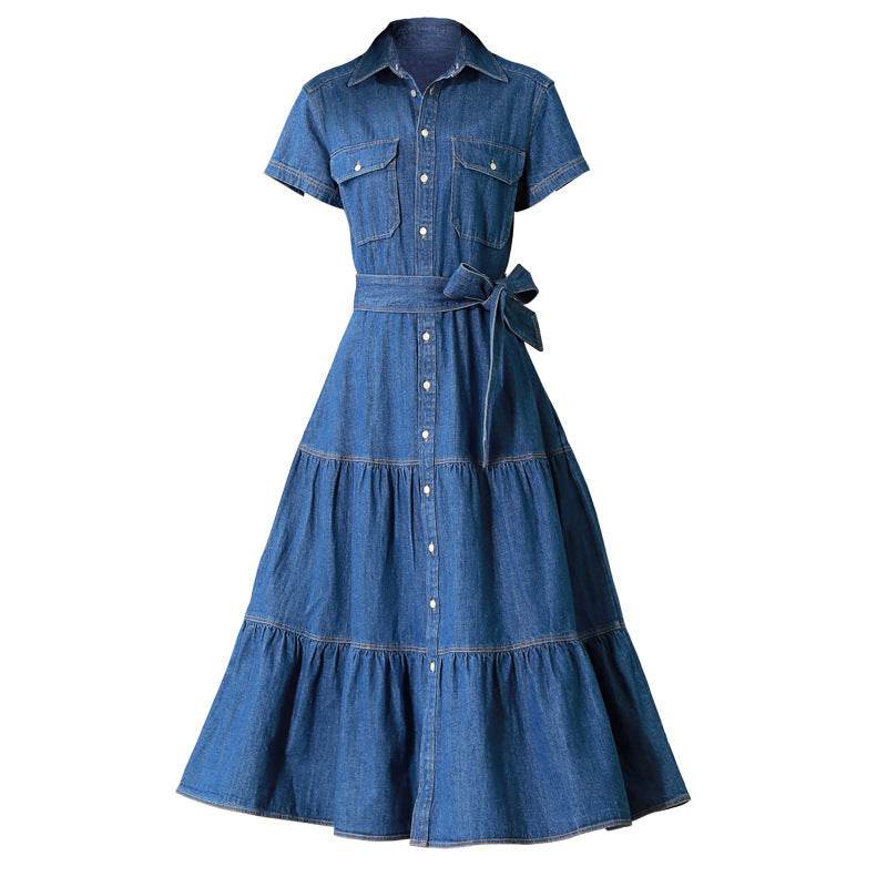 Classy Elegant Single Breasted Denim flared Midi Dress - Velora