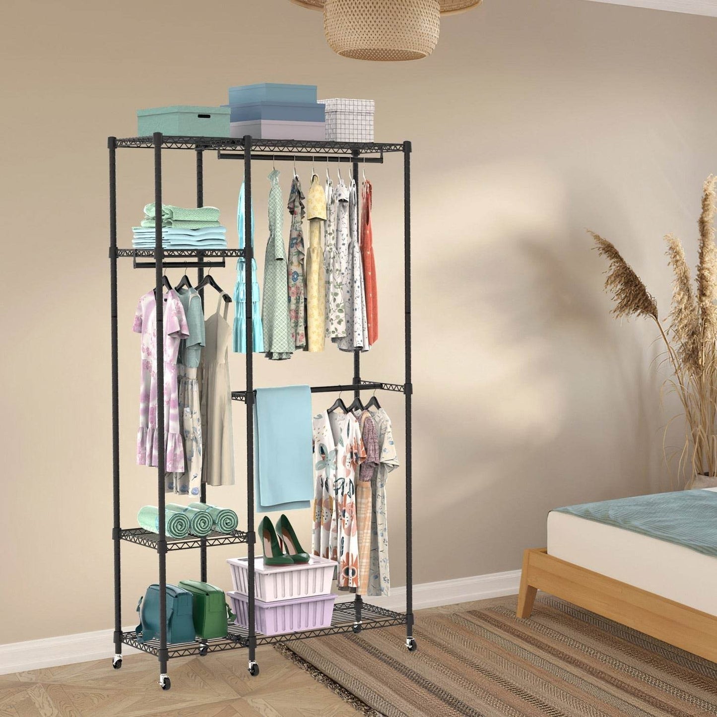 1Pc 4 Tier Heavy Duty Garment Rack With Wheels Carbon Steel Clothing Rack Portable Wardrobe Clothes Rack With 3 Hanging Rods 6 Footrests 44.9x17.13x77.95in - Velora