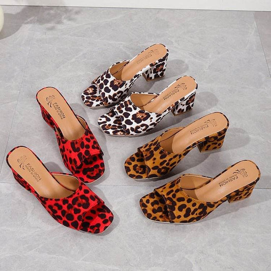 Leopard Square Toe Sandals Summer High-heeled Slippers Chunky Heel Shoes For Women - Velora