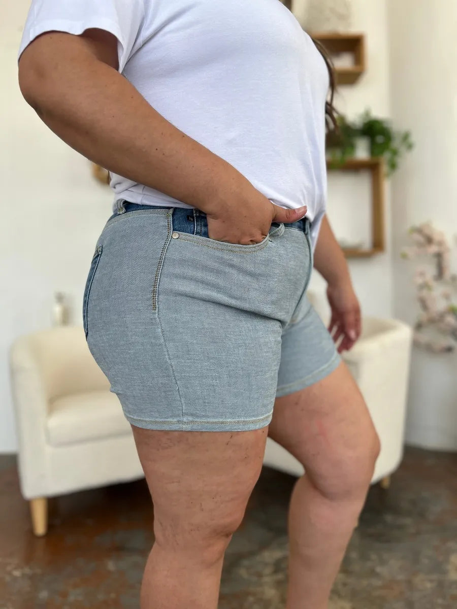 Judy Blue Full Size Color Block Denim Shorts - Velora