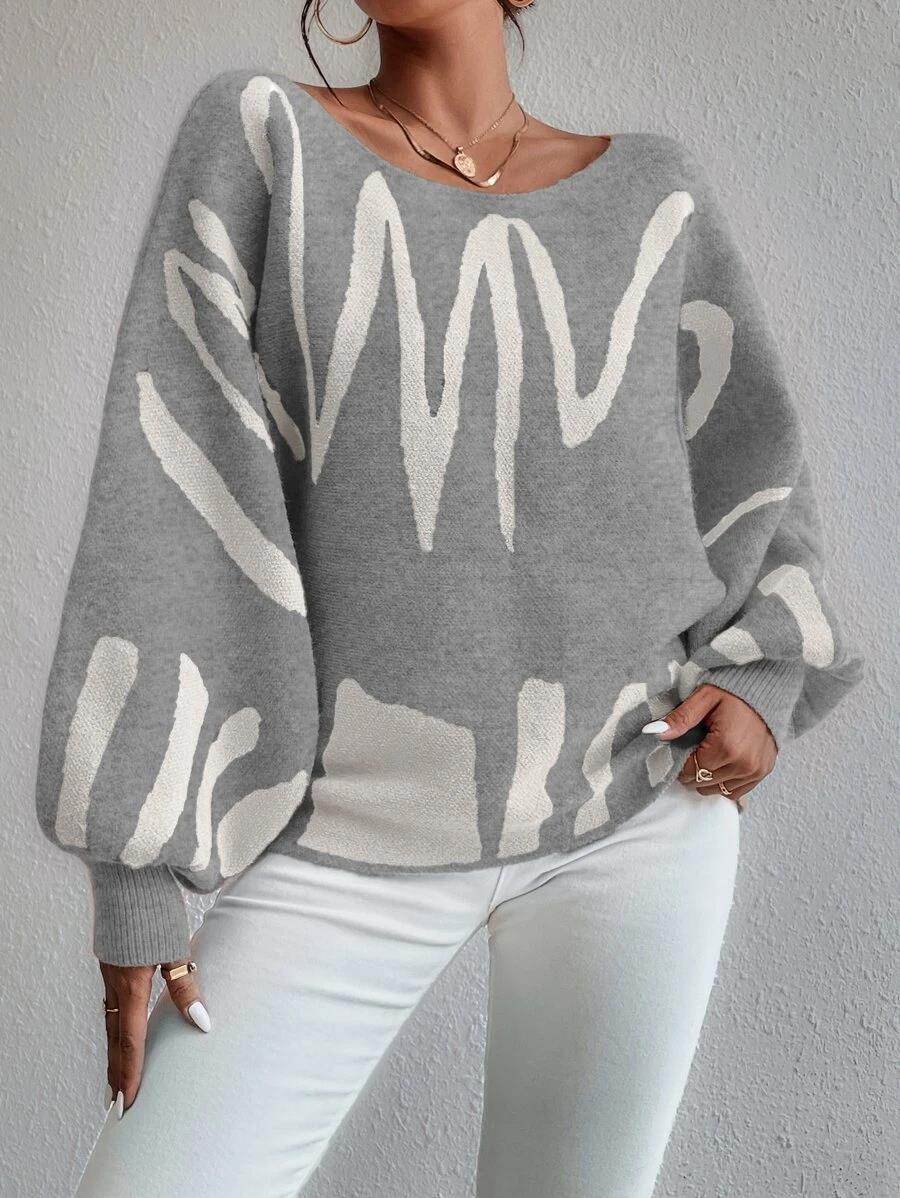 New Lantern-sleeved Pullover Sweater Fashion Line Printed Loose Tops Women's Clothing - Velora