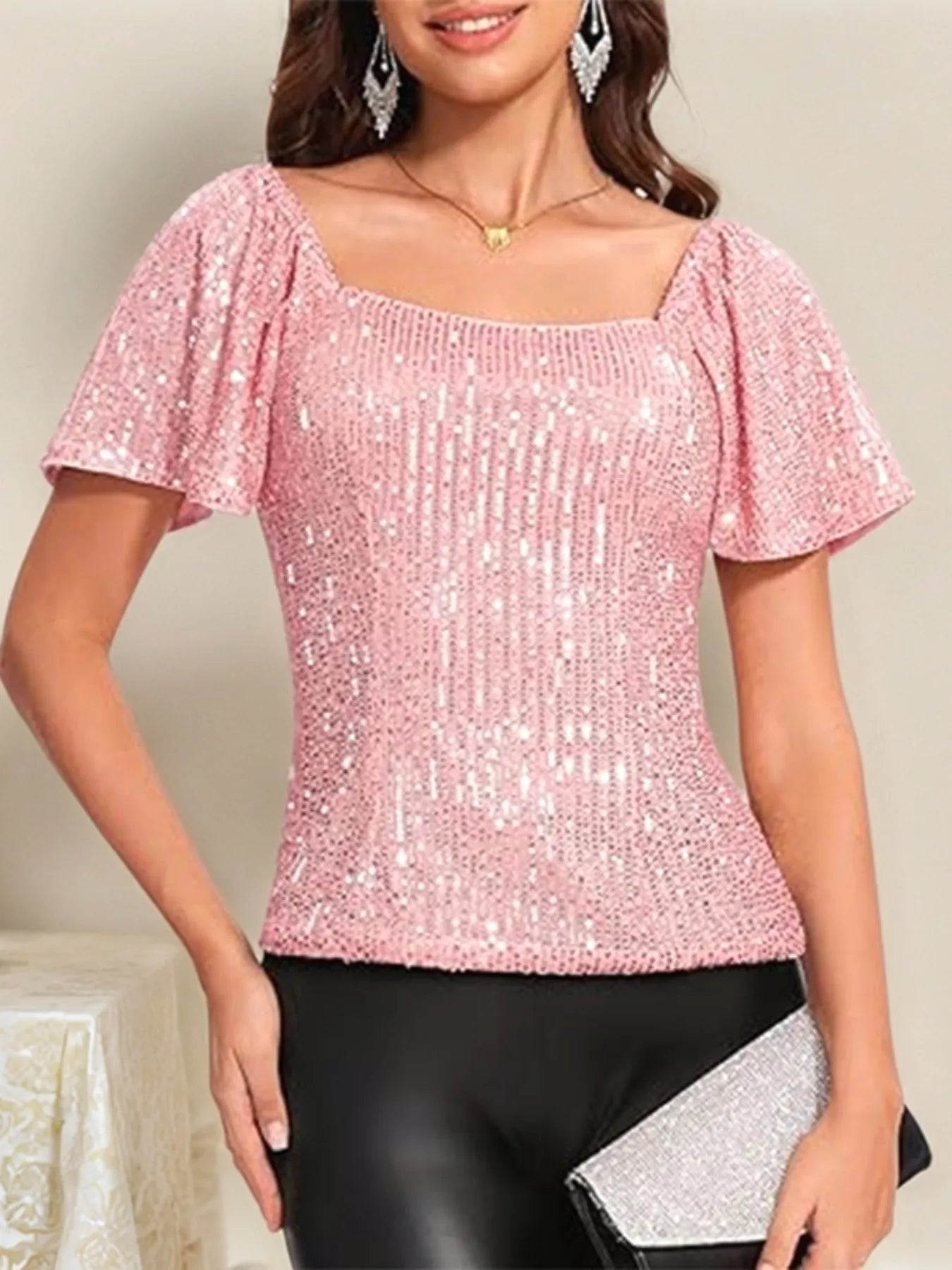 Square Neck Sequin Short Sleeve Blouse - Velora