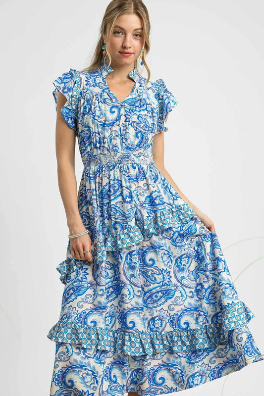 Umgee Paisley Print Ruffle Sleeve Midi Dress - Velora