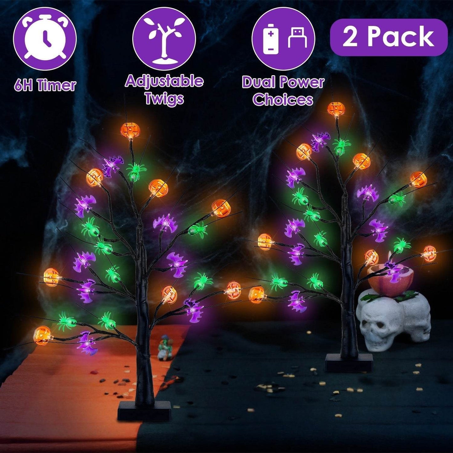 2Pack 1.97FT Lighted Halloween Trees Halloween Indoor Decorations Black Halloween Tree Lights With Timer Adjustable Twigs For Tabletop Party - Velora