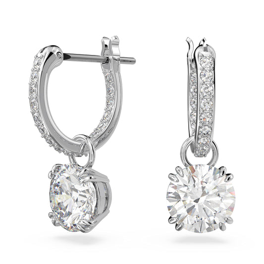 Swarovski Constella Pierced Hoop Drop Earrings White Crystals on a Rhodium Finish Setting Part of the Constella Collection