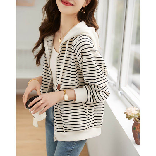 Simple Striped Commuter Hoodie Coat - Velora