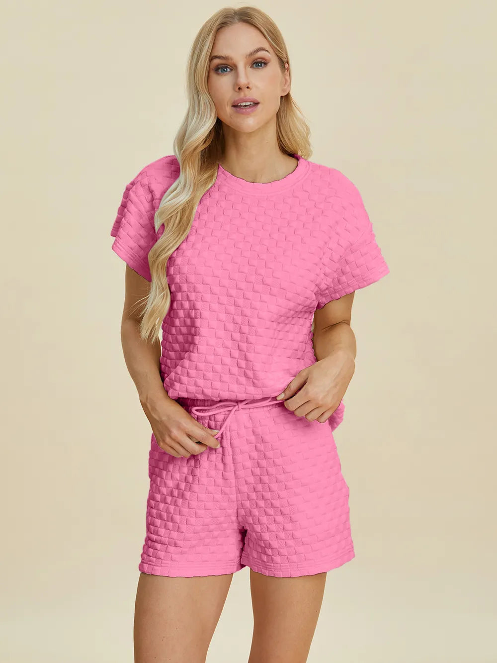 Double Take Full Size Texture T-Shirt and Shorts Set - Velora