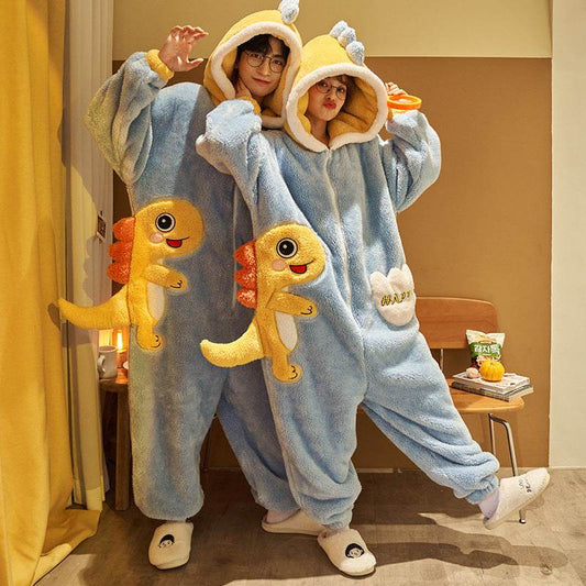 Cute Cartoon Jumpsuit Homewear Couple One-piece Nightgown Coral Fleece Winter Thickened Plush Pajamas For Women Home Clothes - Velora