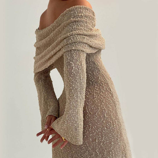 New One-shoulder Knitted Long-sleeved Dress Sexy Beach Holiday Long Dresses Womens Clothing - Velora