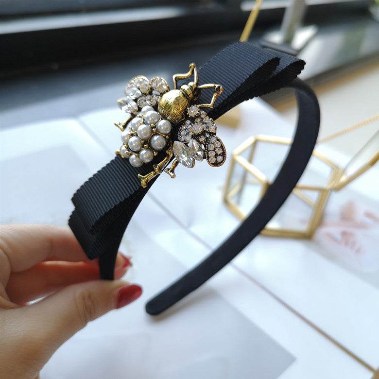 Fabric Bow Hair Band Bee Pearl Hairpin - Velora