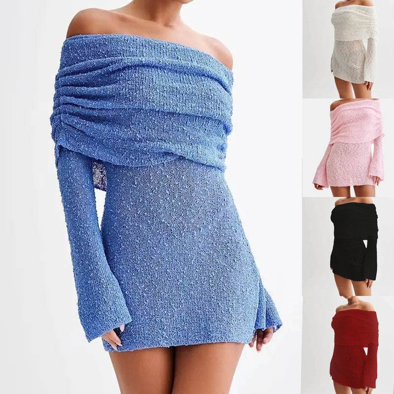 Women's Spring Summer Knitted Dress Elegant Party Boat Neck Dress Infant Off Shoulder Bodycon Long Sleeve Fuzzy Short Club Chic Mini Dress - Velora