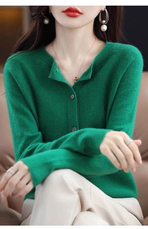Fashion Merino Wool Cardigan Sweater Women O-Neck Long-sleeve Cashmere Knitwear Spring Autumn Female Clothing Tops - Velora