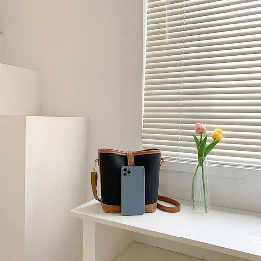 New Contrast Color Texture Crossbody Bucket Bag - Velora