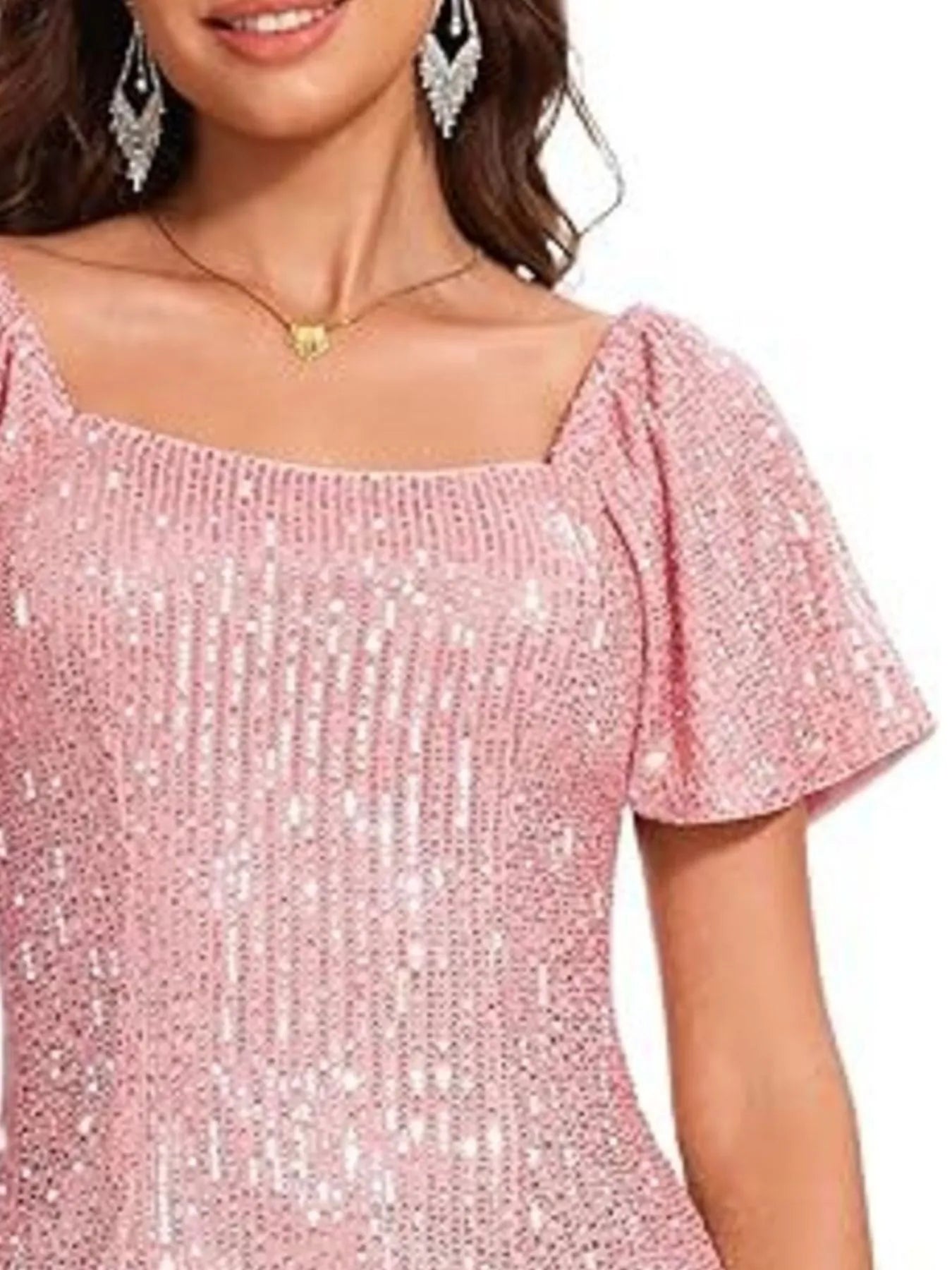 Square Neck Sequin Short Sleeve Blouse - Velora