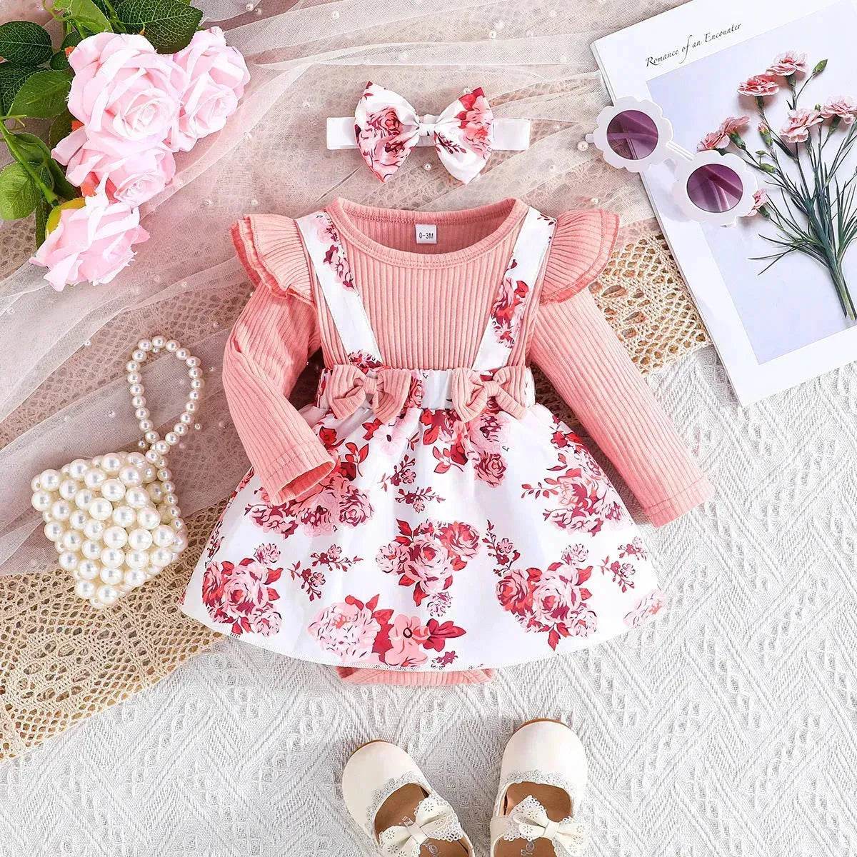 Latest Popular Sweet Long Sleeve pink Romper White Floral Suspender Skirt two piece for baby girls - Velora