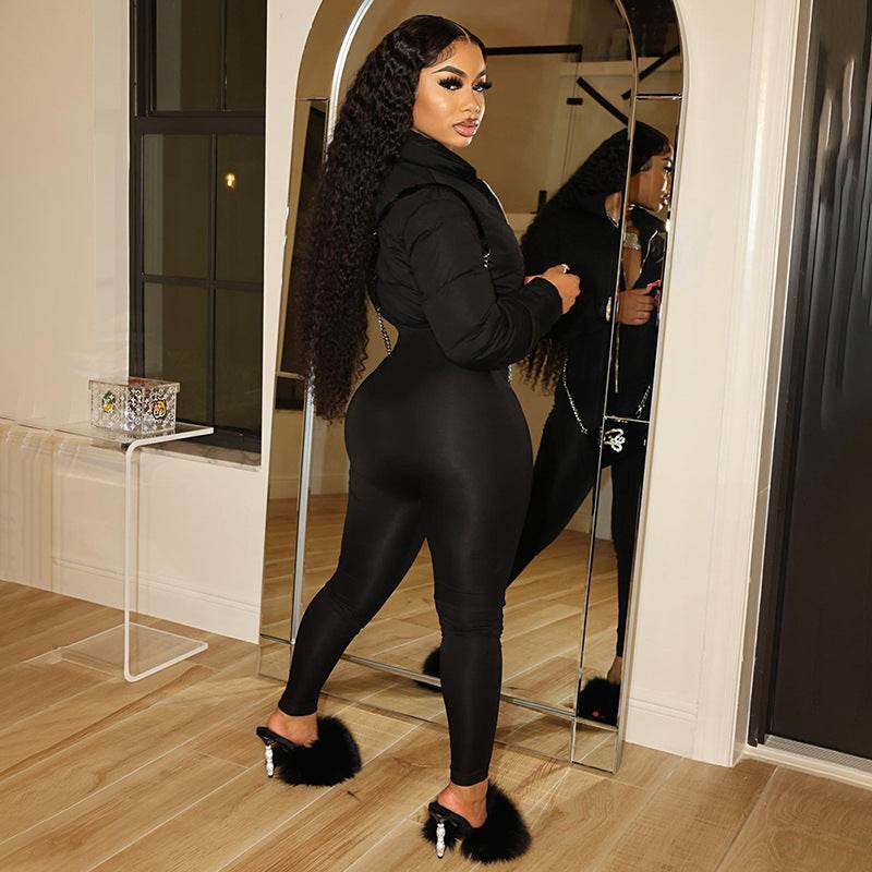 Fashion Stretch Pure Color Tight Zipper Thermal Cotton Suit One-piece Trousers - Velora