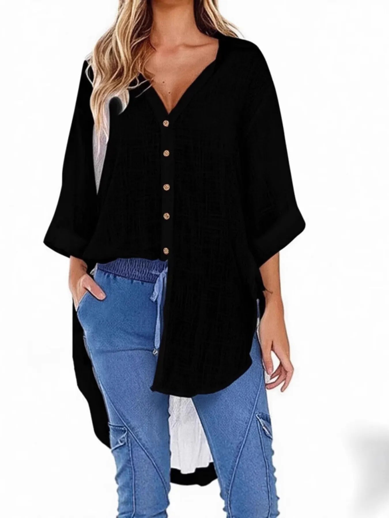Linen Blend Button-Down Tunic Shirt - Velora