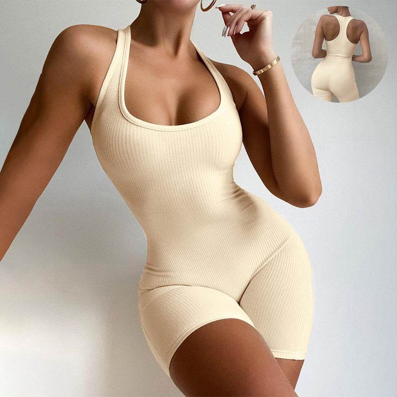 Sleeveless Backless Jumpsuit Colid Color Fitness Sports Yoga Leggings Shorts Bodysuits Women Slim Yoga One Piece Rompers - Velora