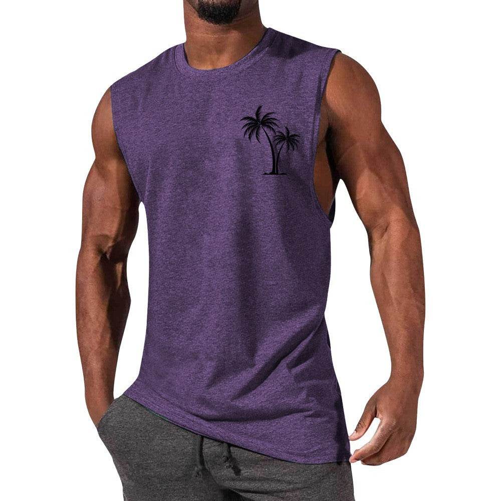 Coconut Tree Embroidery Vest Summer Beach Tank Tops Workout Muscle Men Sports Fitness T-shirt - Velora