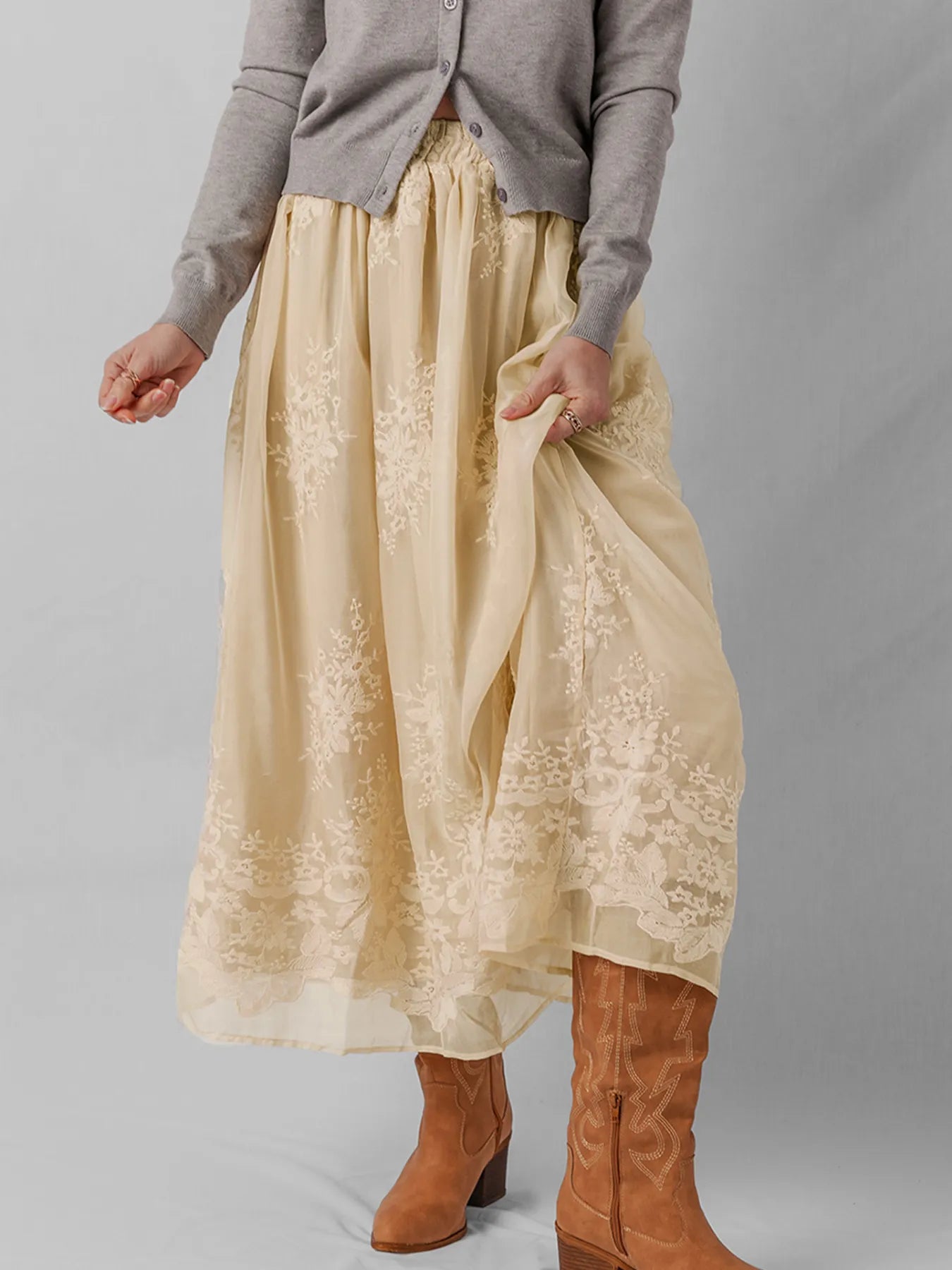 Embroidered Mesh Overlay Flowy Midi Skirt - Velora