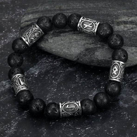 Asgard Crafted Silver Rune And Black Lava Stone Bracelet - Velora