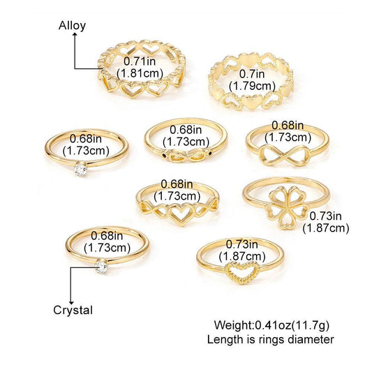 Gold Color Heart Rings 9pcs Sets For Women Vintage Hollow Irregular Geometric Butterfly Finger Rings Fashion Jewelry Accessories Gif - Velora